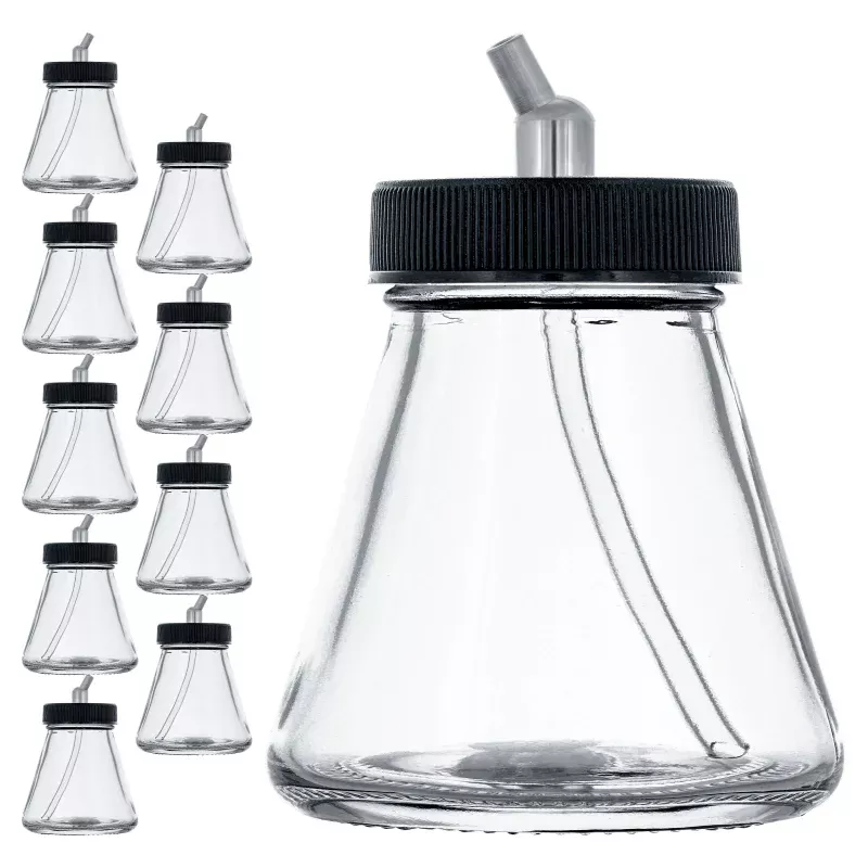 (Pack of 10) TB-010 Empty 2.7-Ounce (80cc) Glass Jar Bottles with 30 Degree Down Angle Adaptor Lid Assembly - Fits Dual-Action Siphon Feed Airbrushes